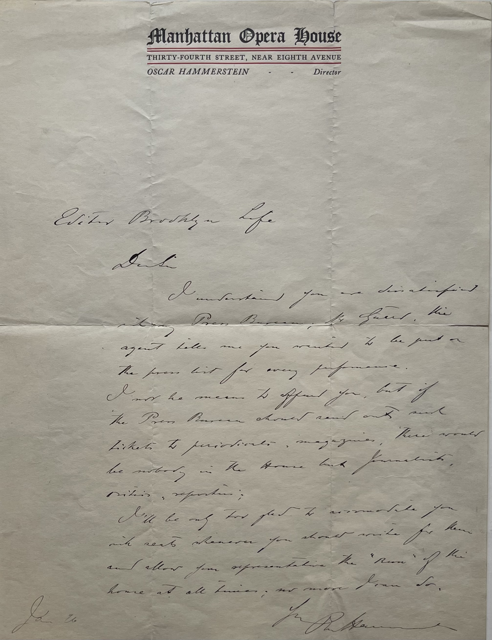 Hammerstein I, Oscar Autograph Letter Signed